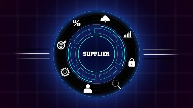 Strategic supplier management and corporate procurement optimization, featuring a high-tech blue digital interface with global logistics icons.