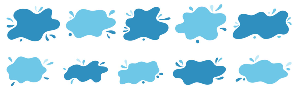 Flat abstract puddle shapes inspired by water stains and drops. Frame puddle water element perfect for backgrounds and creative design.