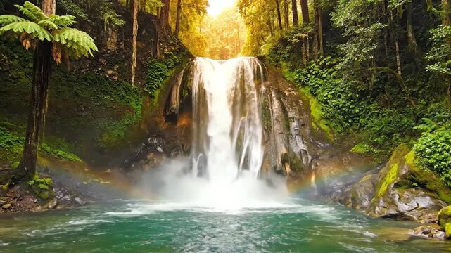 Majestic waterfall cascades into a clear pool surrounded by lush green forest