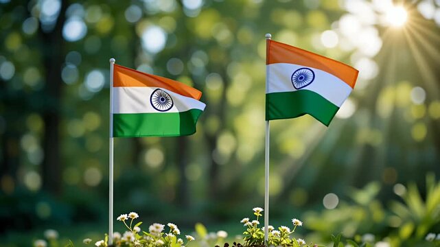 indian flags fluttering in sunlit garden