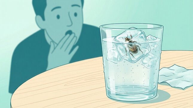 Man reacting in surprise to fake bug in ice cube glass  
