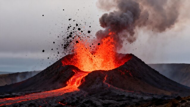 Volcano erupting with lava and smoke