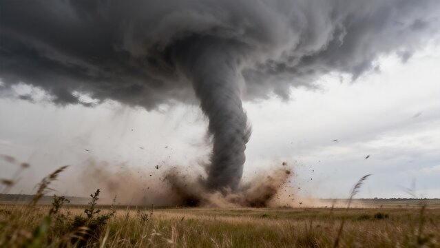 Tornado in a grassy field