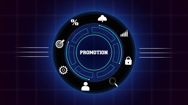 Mastering business promotion strategies and digital brand growth techniques with high-tech blue circular interface icons.