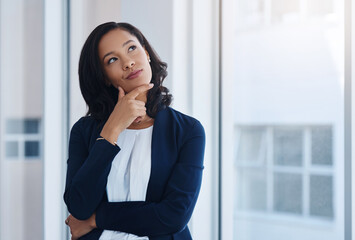 Fototapeta premium Window, reflection and business woman in office for realtor vision, thinking and brainstorming. Property agent idea, problem solving and perspective with person in agency for inspiration and plan