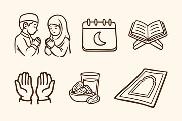 A delightful Handdrawn vector illustration set of Ramadan and Islamic prayer icons, featuring cultural elements like dates, holy book, and children praying