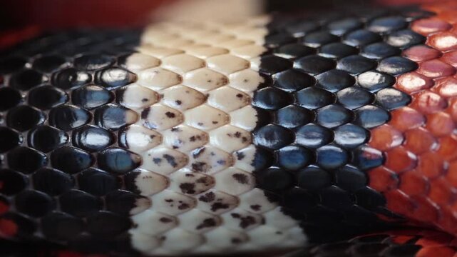 A closeup of a Pueblan Milk Snake, Lampropeltis triangulum campbelli, as it breathes and showing its colourful scales.