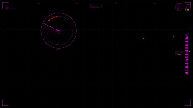 A hud animation is displayed on a black background. It shows data points and circular graphs designed for a web designers project in a sci fi space setting.