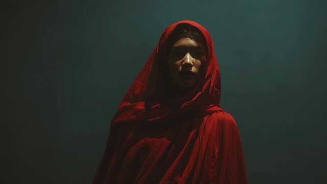 In a striking display of beauty, an Asian woman model stands confidently, draped in a rich red cloth