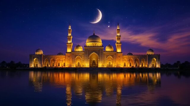 Magnificent illuminated mosque at night with crescent moon and star in the sky  reflecting on water  highlighting Islamic architecture during twilight.