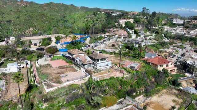 Dramatic aerial view of the Palisades wildfires aftermath of the burned area of one of the neighborhoods