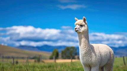 Fototapeta premium A serene white alpaca stands against a backdrop of clear blue sky and distant mountains