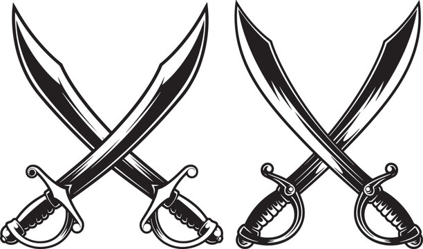Two crossed pirate sabers or cutlasses with ornate hilts, symbolizing adventure, danger, and maritime history.