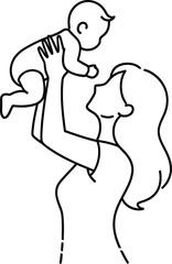 A simple line drawing of a woman holding a baby in her arms in a playful and loving manner