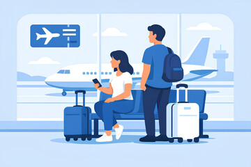 Fototapeta premium Waiting for Departure: A couple, surrounded by their luggage, patiently awaits their flight at an airport terminal, the anticipation of travel hanging in the air.