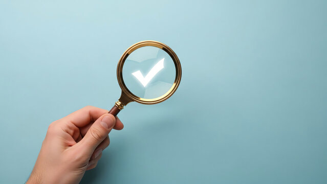 Hand holding magnifying glass with check mark symbol on light blue background representing inspection verification quality assurance and trust in professional services