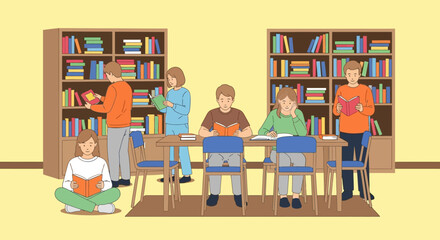 Students study together at tables in a library with bookshelves © Hussnain