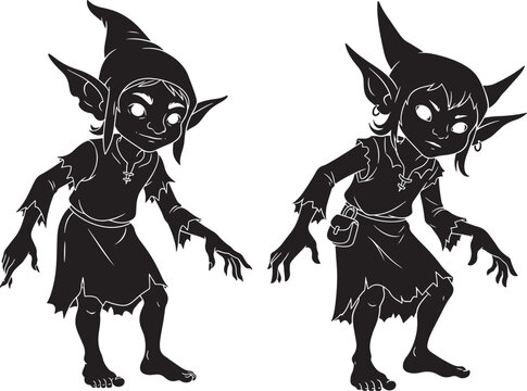 Black silhouette of two mischievous goblins or imps with pointed ears and ragged clothing, for fantasy or folklore themes.