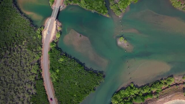 McCanes Bay Proserpine Bowen Jetty Coastal town Australia aerial drone Birdseye landscape Horseshoe Bay Airlie Beach sunny marina bridge car harbor view Great Barrier Reef Whitsunday Region upwards