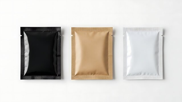 Three different colored condoms in individual packaging against a white background