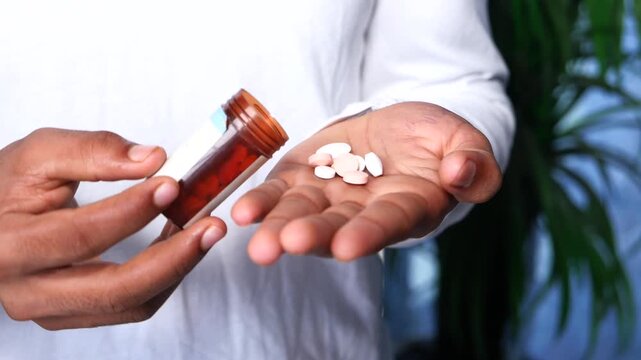 A close-up view captures a man's hands as he pours several white and pink pills from a brown bottle into his open palm, with a plant in the soft-focus background