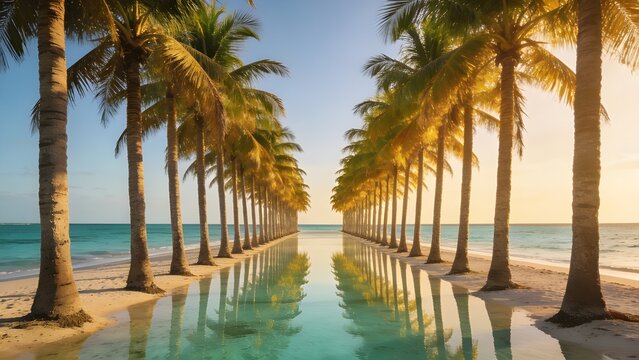 Symmetrical Rows Perfect Aligned Palm Trees Caribbean Beach Los Roques Venezuela Mirror Reflections Shallow Turquoise Water Golden Hour