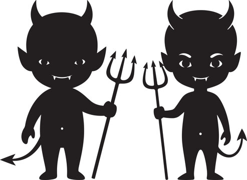 Naughty Black Silhouette Devils with Horns and Pitchforks, Spooky Halloween Characters for Spooky Fun