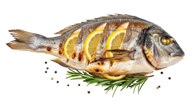 Whole roasted sea bream with lemon slices and rosemary transparent background cutout png