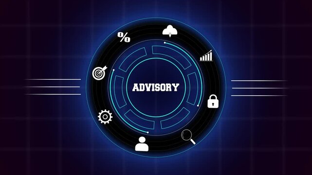 Professional corporate advisory and strategic business guidance models, featuring a glowing blue digital interface with expert consultancy icons.