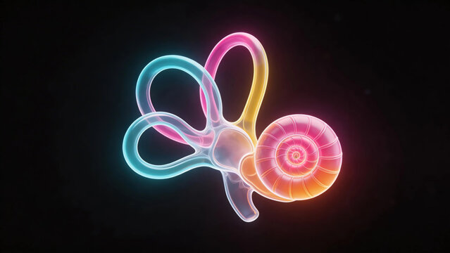 Artistic 3D render of human inner ear, cochlea and semicircular canals in vibrant glowing colors