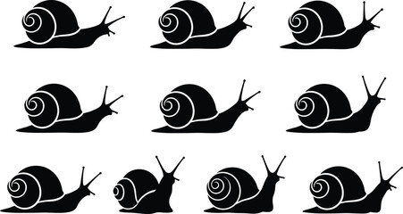 Grid of nine snail silhouettes with spiral shells and antennae, showcasing diverse poses, artistic design, and biological representation. © Hello There