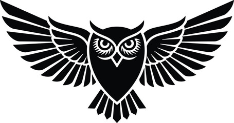 Fototapeta premium Stylized black owl silhouette with wide wings, geometric design, sharp lines, intense eyes, symbolizing wisdom, vigilance, and mystery.