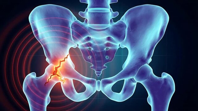 Close Up Of A Broken Femur Bone In A Human Pelvis Anatomical X-Ray Illustration Showing Pain And Trauma With Red Concentric Circles Indicating