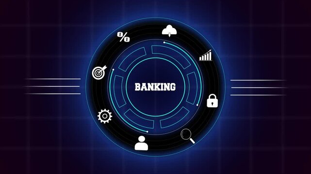 Mastering corporate banking systems and strategic financial management models, featuring a dynamic blue digital interface with money and asset icons.