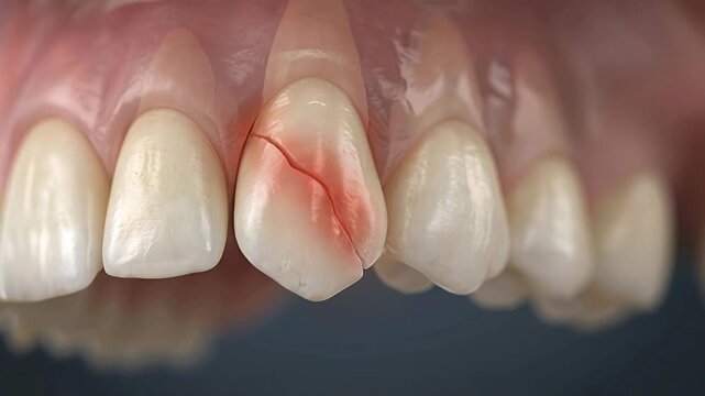 Close up of a human tooth with a large vertical crack highlighted in red showing pain and damage medical dental illustration
