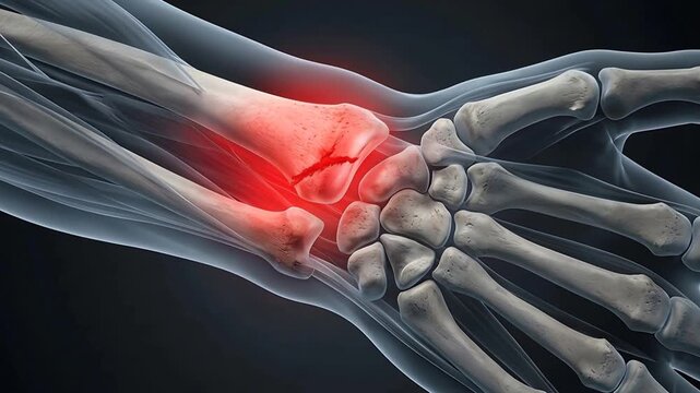 Close up of transparent human anatomy showing a fractured radius bone with intense red inflammation and pain in the wrist joint against a dark