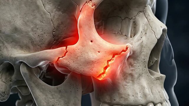 Detailed 3D Medical Animation of a Human Skull Showing a Fractured Zygomatic Bone With Red Inflammation and Glowing Pain Centers Against a Dark