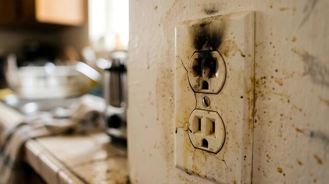 Damaged Electrical Outlet Covered in Stains Shows Burn Marks and Cracks in Kitchen with Blurred Background and Sunlight