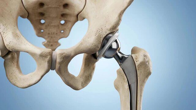 Detailed 3D Medical Animation of Human Hip Joint Replacement Prosthesis with Bone Structure and Metallic Implant on a Smooth Blue Gradient Background