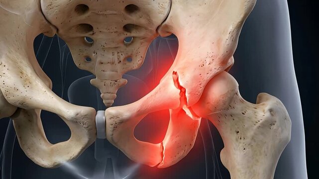 Medical Illustration of Human Pelvis Showing a Hip Joint Fracture With Red Glow Indicating Pain and Damage Against a Dark Transparent Human Body