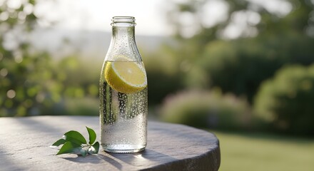 Refreshing lemon drink in glass bottle on wooden table outdoors