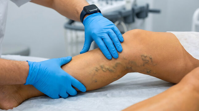 A medical professional wearing gloves examines varicose veins on a patient's leg in a clinical setting. Focus on vascular health