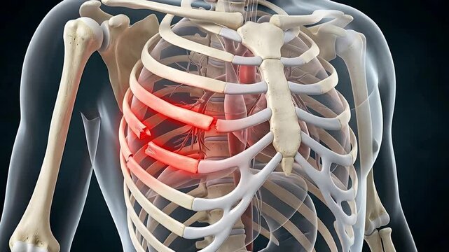 Anatomical 3D Medical Illustration of a Human Torso Skeleton Highlighting Rib Cage Trauma and Painful Red Inflammation on Broken Ribs Against a Dark