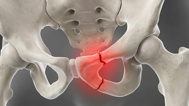 Anatomical Illustration Of A Human Pelvis With A Severe Fracture Showing Red Pain Indicators Highlighting The Damaged Area On A Neutral Gray