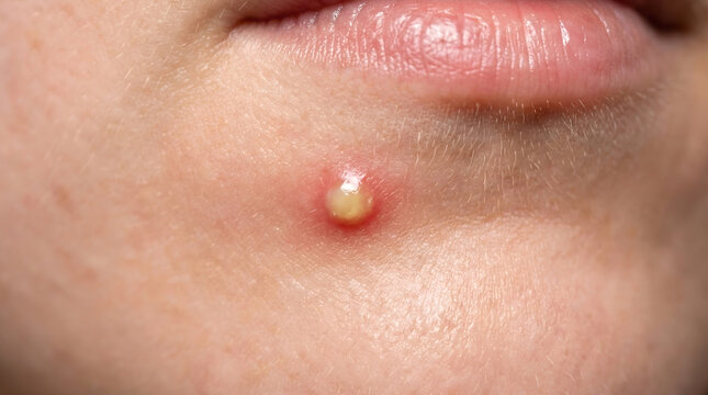 A close-up shot revealing a prominent pimple on a person's skin near the mouth, showing the pustule and inflammation