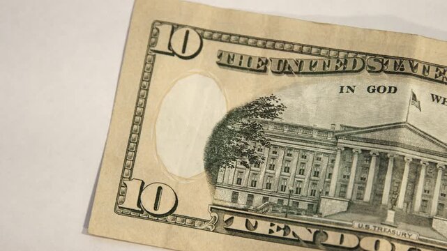 Ten US Dollar Bill. Close up of USA, American currency. Back side of the 10 $ dollar bill