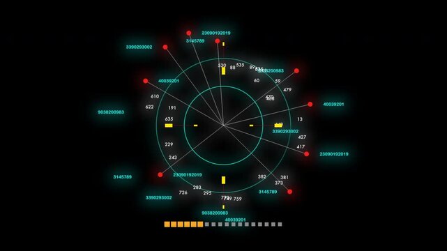Rotating circular scanner with pulsing data nodes and telemetry. Modern UI element for laboratory monitoring or deep-space tracking.