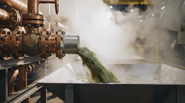 Green liquid flows from industrial pipes into a l trough with steam
