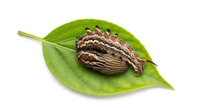 Caterpillar with defensive posture on green leaf displays osmeterium organ as aposematic warning signal in nature macro photo