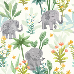 Watercolor cute elephant in the forest jungle seamless pattern © nalinee